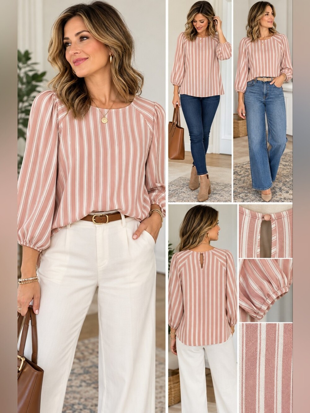 Adrianna Papell Pink White Striped 3/4 Balloon Sleeve Blouse Top Size L